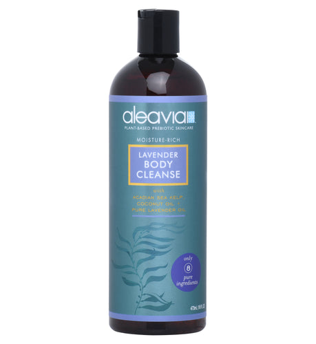 Bottle of Aleavia Lavender Body Cleanse prebiotic lavender body wash