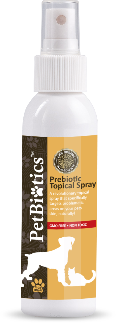 Bottle of petbiotics prebiotic topical spray for dogs