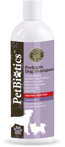Bottle of Petbiotics prebiotic lavender dog shampoo